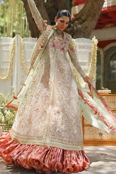 Alaleh – Sania Maskatiya International Festive Organza Lehenga With Naqshi Detailing, Traditional Organza Gown With Dabka, Traditional Organza Gown With Dabka Details, Reception Dupatta With Dabka On Jamawar, Organza Salwar Kameez With Naqshi For Reception, Jamawar Dupatta With Dabka For Reception, Organza Anarkali Gown With Dabka Details, Floor-length Raw Silk Dupatta With Naqshi Detail, Festive Organza Gown With Dabka Embroidery