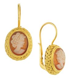 Luxury Antique Engraved Earrings, Luxury Cabochon Drop Earrings, Luxury Gold Cameo Jewelry, Luxury Oval Cabochon Earrings For Anniversary, Elegant Yellow Gold Cabochon Earrings, Exquisite Cabochon Earrings For Formal Occasions, Exquisite Formal Cabochon Earrings, Classic Intaglio Earrings For Formal Events, Luxury Cabochon Earrings For Wedding