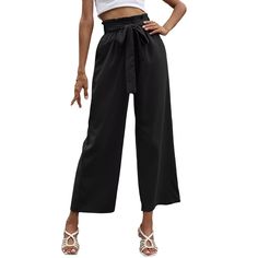 Black High Waist Cropped Pants with Tie Casual Belted Ankle-length Pants, Black High-waisted Wide Leg Pants For Summer, Casual Solid Colored Belted Pants, Chic Black Belted Wide Leg Pants, Black High Waist Wide Leg Pants With Elastic Waistband, Black Bottoms With Pockets For Day Out, Casual Wide Leg Belted Pants, Black Belted Wide-leg Pants, Casual Summer Wide Leg Belted Pants