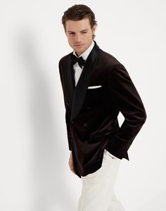 Cotton Prince of Wales velvet one-and-a-half breasted tuxedo jacket with shawl lapels The Prince of Wales pattern enlivens the smooth, shimmering surface of velvet, updating the timeless style of this tuxedo jacket in a balance between modern touches with vintage influences. The glossy silk detailed on the shawl lapel and the pocket trim adds a sophisticated texture contrast. Close fitting through the chest with slightly pronounced shoulders, the construction of the one-and-a-half-breasted jacke Tailored Double-breasted Tuxedo For Formal Events, Tuxedo Blazer For Black Tie Winter Events, Black Tie Winter Tuxedo Blazer, Formal Double Breasted Suit With Lapel Collar, Winter Black Tie Tuxedo Blazer, Winter Tuxedo Blazer For Black Tie, Winter Tuxedo Blazer For Black Tie Events, Evening Double Breasted Suit With Suit Collar, Winter Wedding Blazer With Shawl Collar