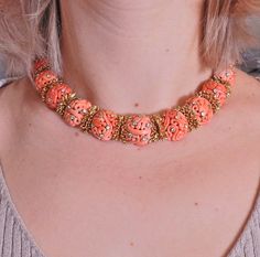 David Webb 1960s Diamond Carved Coral Gold Earrings Necklace Set - Oak Gem Elegant Carved Orange Jewelry, Elegant Orange Carved Jewelry, Gold Necklace And Earrings Set, Coral Jewelry Set, Earrings Necklace Set, Platinum Earrings, David Webb, 18k Gold Necklace, Black Beaded Jewelry