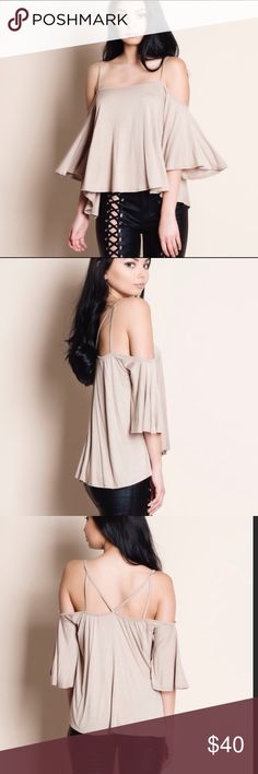 Off the shoulder scrappy top Off the shoulder scrappy top. Cold shoulder styling. Tops Beige Tops For Night Out In Spring, Stretch Beige Blouse For Day Out, Chic Taupe Tops For Spring, Taupe Tops For Fall Day Out, Taupe Tops For Day Out In Fall, Taupe Tops For A Fall Day Out, Chic Taupe Tops For Day Out, Beige Top For Night Out In Fall, Taupe Stretch Tops For Summer