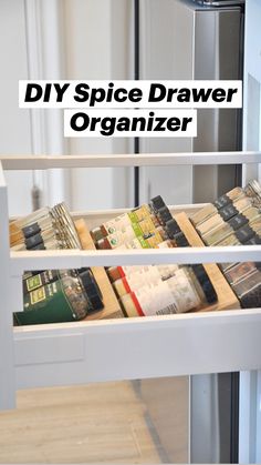 an organized spice drawer is shown with the words diy spice drawer organizer on it