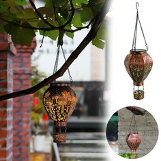 three lanterns hanging from a tree in front of a brick wall and below them are photos of the same lantern