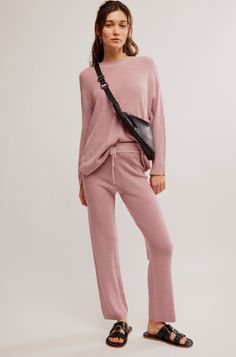 The Pale Mauve Malibu Solid Pant Surf Set by Free People Malibu Sweater, Comfy Slides, Knit Bottom, Sneaker Dress Shoes, Oversized Top, Swimwear Sale, Sweater Pants, Pant Set, Mens Swimwear