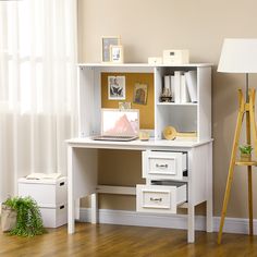 This study desk allows you to do hours of work in a clean and organized space. A corkboard backwall provides an easy way to keep reminders, calendars, decorations, and more right in your work area where you can create a system. The two deep drawers allow office supplies, or wider belongings such as folders and printer paper, while a set of shelves can store anything from photographs to taller items such as water bottles and textbooks. Create a better place to focus with HOMCOM writing desk.","- Office Desk With Storage, Workstation Table, Desk With Shelves, High Desk, Modern Computer Desk, Desk Writing, Desk With Storage, Home Office Furniture Desk, Office Workstations