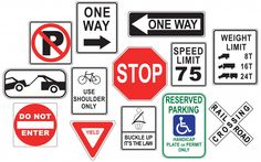 various street signs are displayed on a white background