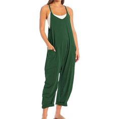 95% Cotton& 5% Spandex Pull On Closure Pull On Jumpsuit, Pure Color Easy Pair With Your Favorite Clothing Features - Loose Fit Overall For Women, Harem Long Pant Overall Design, Spaghetti Strap Jumpsuit, Sleeveless Rompers, Hot Shot Onesie Y2k, Patch Handy Pockets, Casual Summer Outfits Hightlight - Summer One Piece Jumpsuits, A Layering-Friendly Pull On Jumpsuit With Handy Patch Pockets, Fashionable Baggy Style Overall Thanks To The Harem Leg Design And Boho Style, Ankle Banded, Slightly Oversi Casual Sleeveless Elastane Jumpsuits And Rompers, Casual Green Solid Color Overalls, Sleeveless Jumpsuits And Rompers With Adjustable Straps For Loungewear, Solid Cotton Jumpsuits And Rompers With Spaghetti Straps, Casual Cami Jumpsuits And Rompers For Beach, Sleeveless Solid Color Overalls For Loungewear, Sleeveless Overalls For Loungewear, Casual Cami Jumpsuit For Beach, Sleeveless Relaxed Fit Solid Color Jumpsuits And Rompers