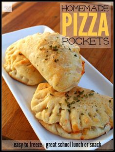 homemade pizza pockets on a plate with text overlay