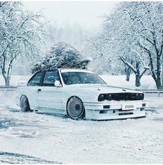 a white car parked in the snow with a christmas tree on it's roof