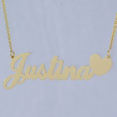 "*Average Name Pendant Width : 1 7/8 Inch (4.8 cm) Approx. *Up to 9 Letters. *Pendant Thickness : 0.5 mm / 25 Gauge / 0.020\" *Premium high end quality personalized laser cut out any letters/numbers in 10k or 14k solid gold personalized name necklace, this item comes with split sturdy 1.0 mm Rollo chain from 15~20 inches, name pendant length not included on length option. *This pendant cut out by latest technology laser machine, top quality guaranteed. *All my personalized jewelry made and ship Custom Name 14k Gold Name Necklace, Custom Name 14k Yellow Gold Name Necklace, 14k Gold Custom Name Pendant Jewelry, Customized Gold-plated Yellow Gold Name Necklace, Personalized Yellow Gold Heart-shaped Name Necklace, Font Letters, Name Pendant, Laser Machine, Latest Technology