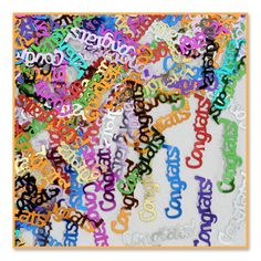 the word confetti is made up of many different colors and sizes, including letters