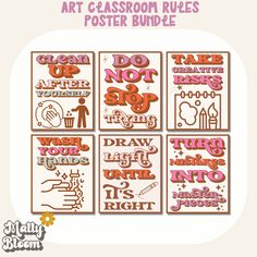 the art classroom rules poster bundle is shown in red and white, with different font styles