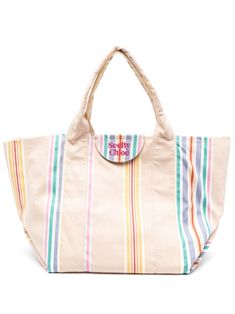 beige/multicolour cotton embroidered logo to the front vertical stripe pattern open top two top handles main compartment Cotton Tote Bag, See By Chloe, Open Top, Cotton Tote Bags, Womens Tote Bags, Stripes Pattern, Chloe, Handles, Tote Bag