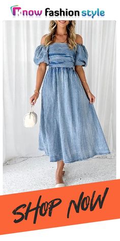 Elegant Solid Fold Off the Shoulder Short Sleeve Denim Dresses Denim Dresses Online, Short Sleeve Denim Dress, Short Sleeve Denim, Sleeve Long Dress, Denim Dresses, Fashion Gallery, Wholesale Fashion, Shoulder Sleeve, Denim Fashion