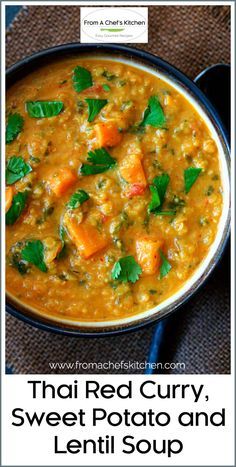 thai red curry, sweet potato and lentil soup in a black bowl with green leaves on top