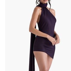 I Love This Dress But I Don’t Like The Color On Me :( Purple One Shoulder Evening Mini Dress, Purple Bodycon Dress For Evening, Purple Bodycon Evening Dress, Chic Backless Dress For Evening, Glamorous Halter Neck Dinner Dress, Chic Purple Mini Dress For Evening, Chic Purple Evening Mini Dress, Chic Purple Cocktail Dress, Purple Bodycon Mini Dress For Evening