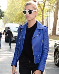 Hailey Baldwin Jacket 2022 Trendy Blue Leather Jacket With Zipper Closure, Trendy Blue Leather Jacket With Zipper, Trendy Blue Biker Jacket With Long Sleeves, Trendy Blue Long Sleeve Biker Jacket, Casual Blue Leather Jacket With Long Sleeves, Blue Casual Leather Jacket, Blue Biker Jacket With Pockets For Fall, Blue Trendy Leather Jacket For Spring, Casual Blue Long Sleeve Leather Jacket