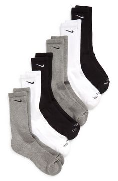 Sweat-wicking Dri-FIT knit with breathable mesh at the top of the foot and a fit-enhancing arch band ensure cool comfort in these cushioned crew socks. Pack of six pairs Cotton/polyester/spandex/nylon Machine wash/tumble dry Imported Nike Socks Dri Fit, Black Nike Socks Aesthetic, Male Stocking Stuffers, Nike Socks With Leggings, Nike Long Socks, Long Nike Socks, Christmas Wishlist Items, Things To Put On Your Christmas List, Nike Socks Aesthetic