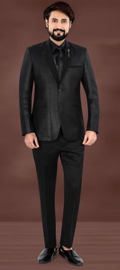 Black and Grey color 2 Piece Suit (with shirt) in Rayon fabric with Broches work Semi-formal Long Sleeve Suiting Fabric Set, Black Notch Lapel Sets For Office Wear, Classic Black Office Sets, Black Office Wear Sets With Suit Collar, Black Long Sleeve Business Sets, Black Office Suiting Fabric Sets, Festive Black Blazer With Suit Collar, Semi-formal Black Suiting Fabric Set, Black Long Sleeve Unstitched Suit For Semi-formal Occasions