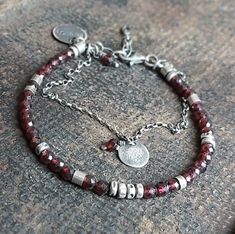 "The jewelry in the picture shows the product design. Because most of the silver elements are handmade and the stones are unique, you will get one of a kind jewelry. We guarantee, however, that it will be equally beautiful! The bracelet was made entirely of silver 925 and energetic garnet class AAA - faceted beads (4 mm). Silver oxidized, gently, sawn and polished. The total length of the bracelet with extension (3 cm - 1.18\") is 20 cm (7.9\"), 21 cm (8.3\"), 22 cm (8.7\"), 23 cm (9.1\"). We se Silver Bracelets Unique, Masculine Bracelets, Oxidized Silver Bracelet, Beaded Ideas, Bracelets Unique, Rustic Bracelet, Silver Beaded Bracelet, Easy Diy Jewelry, Silver Work