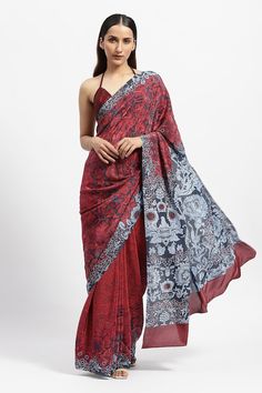 Red deep saree with all over vintage floral prints and crystal embellishments. Comes along with a running blouse piece. - Aza Fashions Festive Red Pre-draped Saree With Printed Motifs, Traditional Pre-draped Saree For Reception With Printed Motifs, Bollywood Style Pre-draped Saree With Printed Motifs For Reception, Reception Georgette Saree With Printed Motifs, Traditional Drape Blouse Piece With Printed Motifs For Reception, Traditional Draped Blouse Piece With Printed Motifs For Reception, Traditional Pre-draped Saree With Printed Motifs For Wedding, Traditional Drape Pre-draped Saree With Printed Motifs For Wedding, Diwali Reception Saree With Printed Motifs