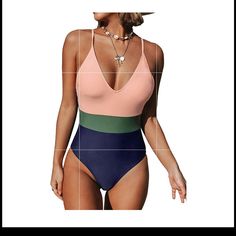 Design: Adjustable Cross Back Straps, Color Block Design. About Cup Style: Shelf Bra With Padded Cups Brand New Size S Trendy V-neck Swimwear For Summer, Trendy V-neck Swimwear For Vacation, Summer V-neck Bodysuit For Beach, Casual Pink V-neck Swimwear, Trendy Beach Bodysuit For Beach Season, Beach One-piece Color Block Bodysuit, Beach Color Block One-piece Bodysuit, Pink V-neck Summer Bodysuit, Pink One-piece Swimwear For Summer