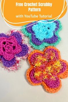 three crochet scribbles with the text free crochet scrubby pattern