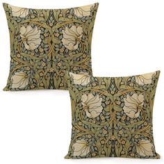 two pillows with floral designs on them, one in green and the other in beige