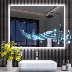 a bathroom mirror that has musical notes on it and yellow flowers in front of the mirror