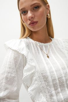 Tops | Frill And Lace Detail Dobby Blouse | Coast Frilly Blouse Outfit, Lace Insert Blouse, Lace Tops Outfit, White Blouses For Women, Lace Top Design, Ingenue Essence, Lace Blouse Styles, Frill Neck Blouse, Winter Blouse