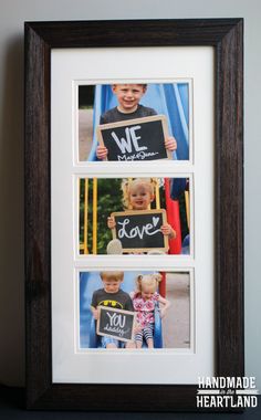 three pictures with the words we love you and two children holding up signs in front of them