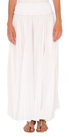 Get your comfort on with these wide leg palazzo pants. Flowy and free help bring out your bohemian side. Perfect for summer days because the material is lightweight and breathable. No heavy fabric here! Elastic waist and side pockets enhance the flowy pants. Easily dress up these pants with heels and a fun top or lounge around the house. Whatever you choose these pants will provide you comfort all day long. Wide and flowy pant legs Side pockets and elastic waistband Soft and lightweight material Flowy Wide Leg Maxi Skirt For Spring, White Stretch Maxi Length Bottoms, White Full-length Maxi Skirt For Spring, White Full Length Maxi Skirt For Spring, White Bohemian Wide Leg Pants With Elastic Waistband, Bohemian White Wide Leg Pants With Elastic Waistband, White Maxi Length Bottoms For Spring, Spring Wide Leg Stretch Maxi Skirt, Stretch Wide Leg Maxi Skirt For Spring