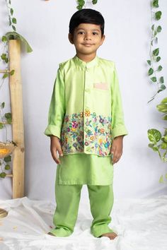 Parrot pastel green bundi with floral embroidery using beads and zardozi. Paired with an inner kurta and pant. - Aza Fashions Green Embroidered Sets For Diwali, Green Embroidered Cotton Sets, Green Cotton Sets With Floral Embroidery, Festive Light Green Zari Work Set, Festive Light Green Sets With Zari Work, Pista Green Cotton Sets With Dabka Details, Bollywood Style Green Sets For Spring, Green Embroidered Festival Sets, Green Sets With Dori Work For Diwali