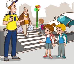 a man standing next to a group of children on a cross walk near a police car