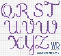 the cross stitch alphabet is shown in purple