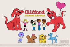 cartoon characters from the television series, with their names in red and blue on them