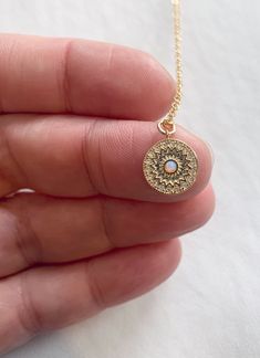 Opal Sunburst Coin Medallion Necklace Dainty Round Jewelry With Sun Design, Dainty Sun Design Round Necklace, Bohemian Round Necklace With Sun Design, Gold Jewelry With Sun Design, Bohemian Yellow Gold Jewelry With Sun Design, Dainty Adjustable Round Coin Necklace, Bohemian Charm Necklaces With Delicate Chain, Bohemian Charm Necklace With Delicate Chain, Sunshine Pattern