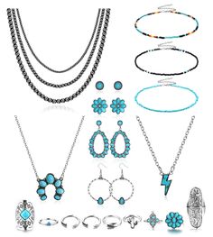 PRICES MAY VARY. ✨【Western Jewelry for Women】-- One western jewelry set contains 1PCS Layered Navajo Pearl Necklace, 2PCS Western Pendant Necklace, 3PCS Beaded Choker Necklace, 4PAIRS Turquoise Earrings and 9PCS Vintage Knuckle Rings. Special western boho designs bring unique freshness to your daily outfits. ✨【Turquoise Special Meaning】-- Turquoise symbolizes lucky and happiness, has a special meaning of warmth, beauty and power. Wearing the western jewelry will bring you good luck. The classic Turquoise Jewelry Set, Rings Turquoise, Earrings Western, Turquoise Western, Western Apparel, Turquoise Pendant Necklace, Turquoise Earrings Dangle, Versatile Jewelry, Necklace Turquoise