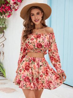 Women's Floral Print Off Shoulder Top And Skirt Set For Vacation Multicolor Boho   Woven Fabric Floral,Plants,All Over Print  Non-Stretch  Women Clothing, size features are:Bust: ,Length: ,Sleeve Length: A Line Skirt Outfits, Ruffle Hem Skirt, Hem Skirt, Long Sleeve Crop, Off Shoulder Tops, Skirt Suit, Two Piece Outfit, Skirt Outfits, Free Clothes