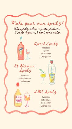 a poster with different types of alcohol on it's side and the words make your own spirits