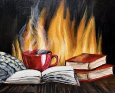 a painting of books and a cup on fire