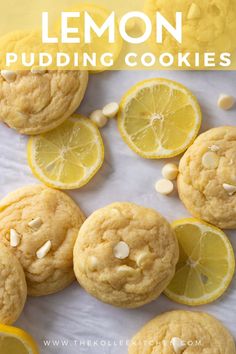 lemon pudding cookies with almonds on top and the words lemon pudding cookies above them