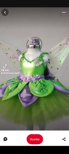 a green and purple fairy dress on display