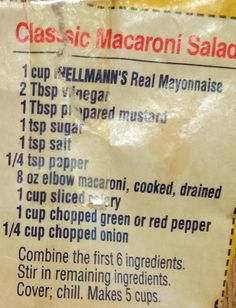 a close up of a sign with instructions on how to make macaroni salad