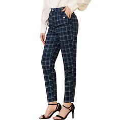 Retro and classic, this pant style with softly plaid fabric and elastic waist. Rich plaid patterning gives this long pant that classic, elegant look. Perfectly pair with tops and casual shoes for a vintage and fashion look. A classic plaid motif adds timeless sophistication to a long pants with an easy design. Suitable for Casual, Street, Dating, Party, Weekend Gathering, Holiday and Daily Wear. Size: small. Color: dark blue. Gender: female. Age Group: adult. Material: Polyester. Classic Plaid Bottoms For Office, Elegant Plaid Bottoms For Fall, Classic Plaid Office Bottoms, Plaid Pants For Business Casual, Plaid Casual Pants For Business Casual, Casual Plaid Bottoms For Workwear, Winter Office Bottoms With Button Closure, Plaid Pants For Business Casual In Fall, Plaid Cotton Pants For Work