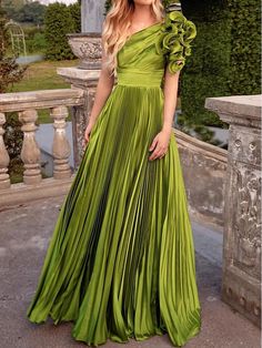 A-Line Evening Gown Elegant Dress Formal Wedding Guest Floor Length Sleeveless One Shoulder Imitation Silk with Pleats Shouder Flower 2024 2024 - $159.99 Spring Green Gown With Fitted Bodice, Green Sleeveless Gown With Sweep Train, Green Sleeveless Evening Dress For Banquet, Green Gown For Spring Banquet, Green Summer Evening Dress For Banquet, Spring A-line Dress With Sweep Train, Green Sleeveless Dress With Sweep Train, Sleeveless Green Dresses With Sweep Train, Sleeveless Green Dress With Sweep Train