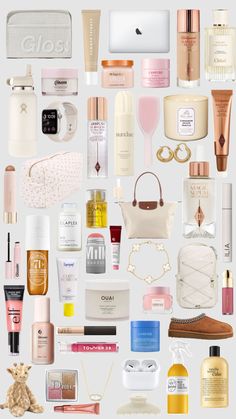 an assortment of beauty products displayed on a white background, including perfumes and handbags