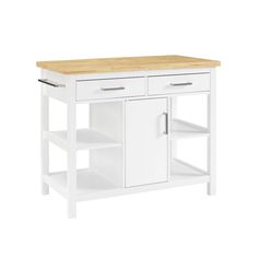 a white kitchen island with two drawers and an open shelf on one side, against a white background