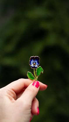 a woman's hand holding a small blue flower with green leaves on it,